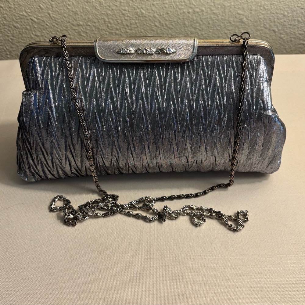 La Regale Gathered Silver Metallic Evening Clutch Bag